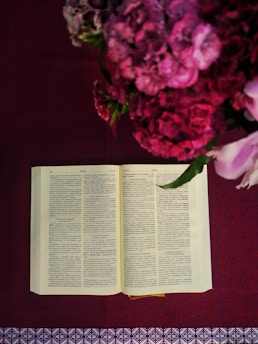 An open book lies on a richly textured maroon cloth, surrounded by a vibrant bouquet of pink and red flowers. The pages of the book display dense text in a clean, serif font. The scene is softly lit, highlighting the delicate details of the flowers and the intricate patterns of the cloth beneath.