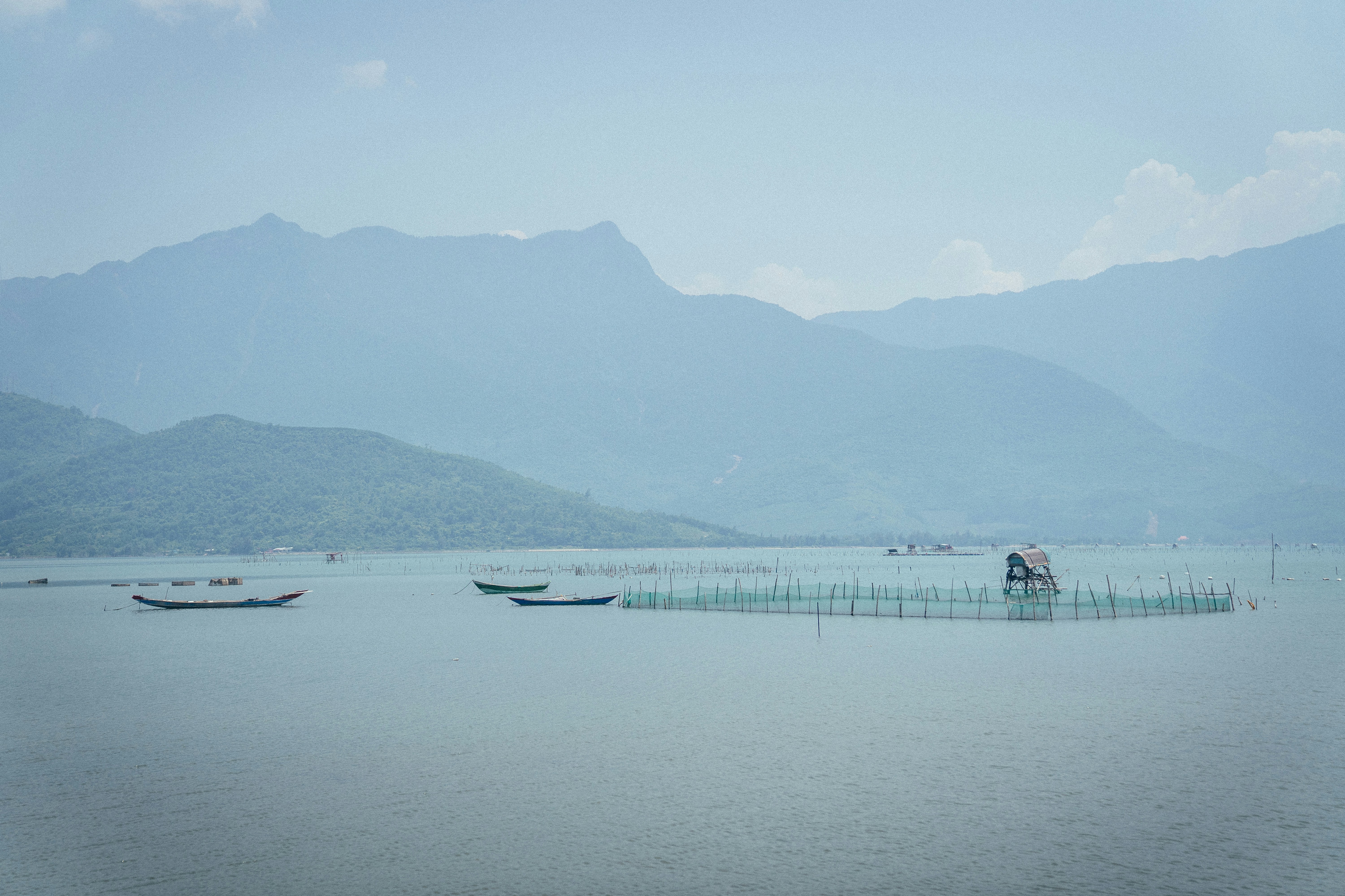 Un grupo de barcos flotando sobre una gran masa de agua