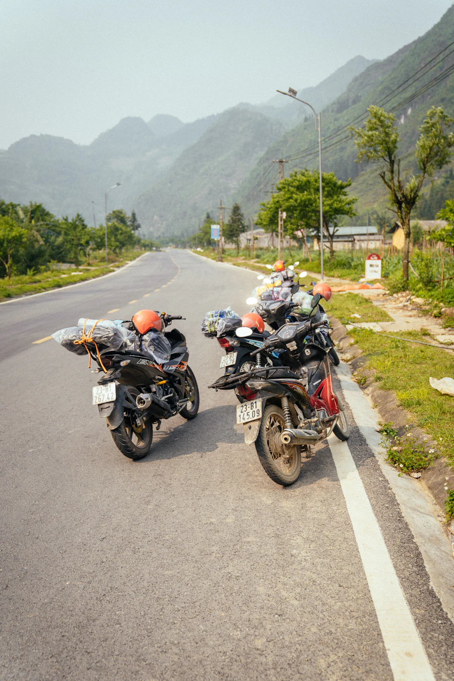 Motorbikes parked at the roadside in northern Vietnam