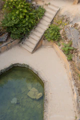 Refreshing cold plunge pool surrounded by natural stone and greenery.