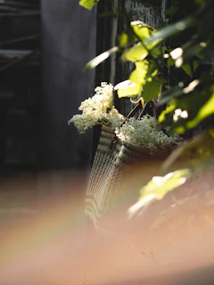 a basket of white flowers sitting on top of a table