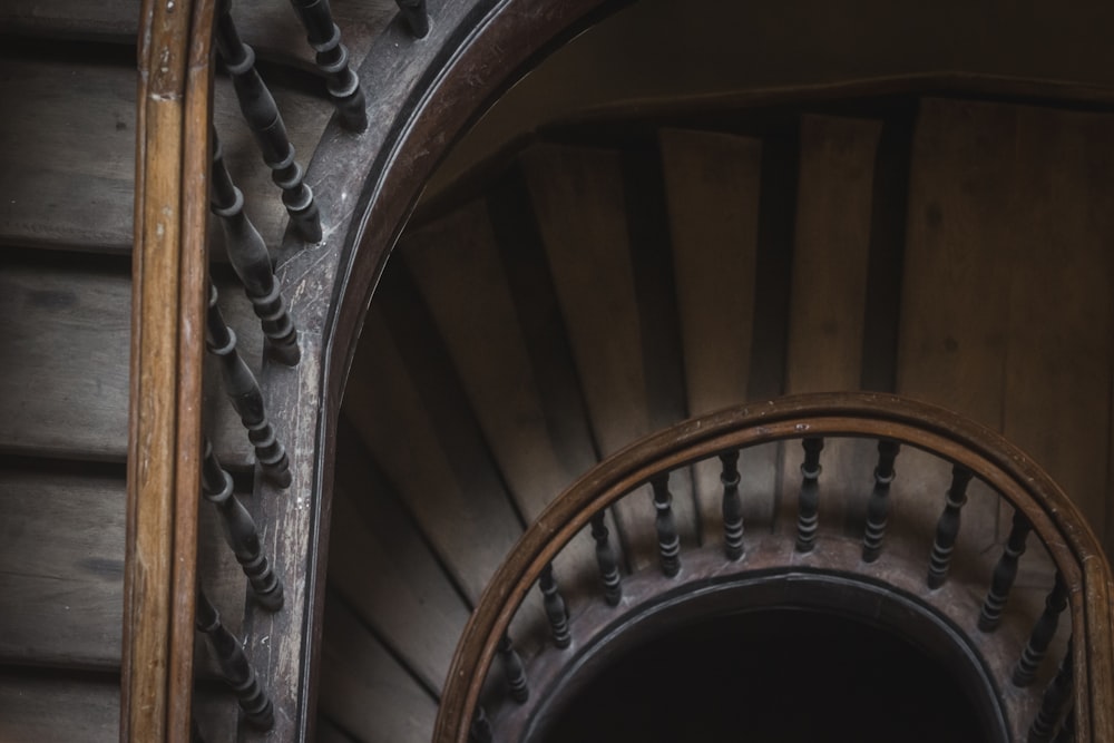 a close up of a spiral staircase in a building