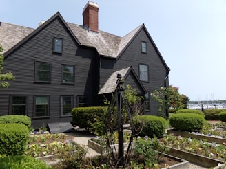A stately home exterior painted in a rich navy blue with crisp white trim under a clear sky.