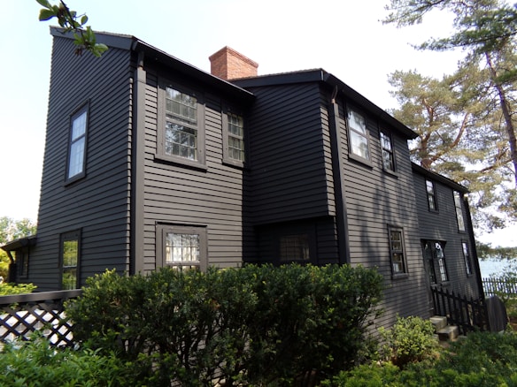 A dark-colored wooden house with a traditional design, featuring multiple windows and a red brick chimney. The surrounding area includes lush greenery, trees, and a glimpse of a body of water. The house has a classic, multi-story architecture.