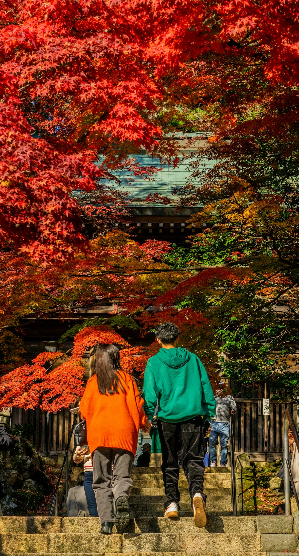 a couple of people walking up some steps