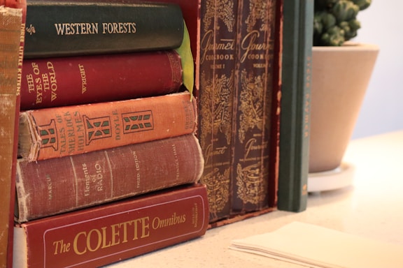 A collection of vintage books is neatly arranged on a shelf, featuring titles such as 'Western Forests', 'Tales of Sherlock Holmes', and 'The Colette Omnibus'. Some books have ornate and decorative spines. A round pot with a green plant is placed beside the books on a white surface, along with a stack of napkins.
