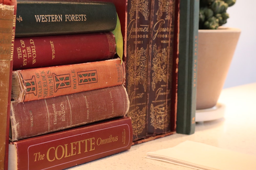 a stack of books sitting on top of a table