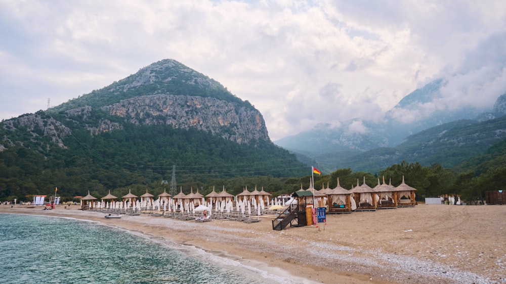 a beach with a mountain in the background