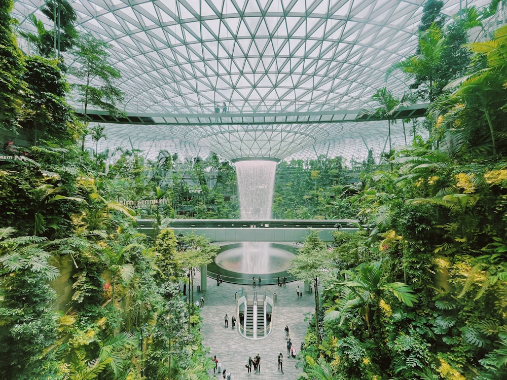a view of the inside of a building with a fountain
