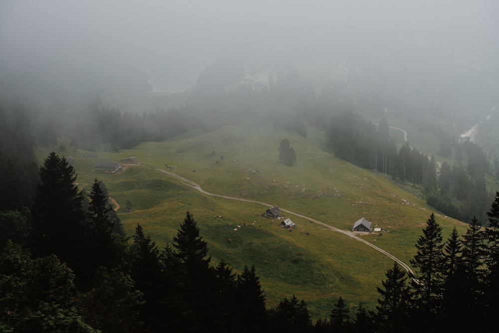 a foggy day in the mountains with a small cabin in the foreground