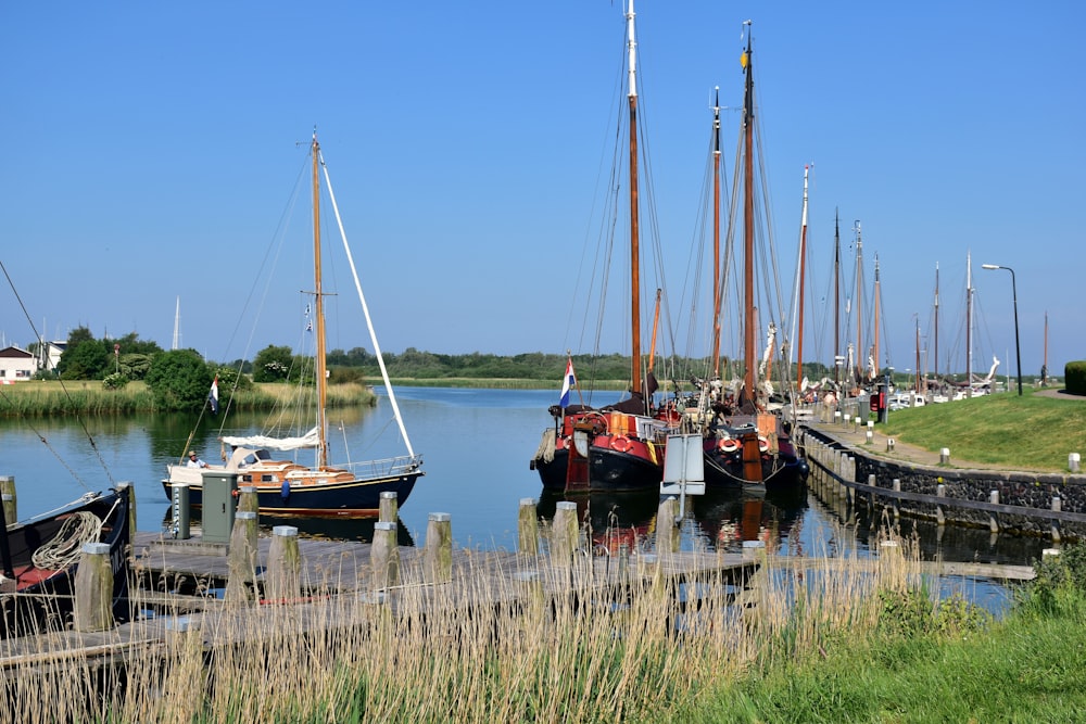 a group of boats docked at a pier