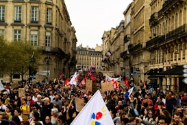 A large crowd of people participates in a protest or demonstration on a city street lined with historical buildings. Many individuals are holding signs and banners, some with red flags, while others carry placards with text. The scene exudes a sense of communal action amidst an urban backdrop with trees and old architecture.