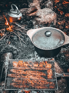 A campfire scene featuring a grill rack filled with cooked sausages above glowing embers. Nearby, a metal pot with a lid is placed on the ashes, and a kettle sits to the left. Surrounding the fire are rocks and some scattered branches.