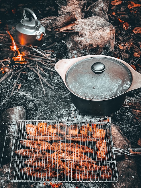 A campfire scene featuring a grill rack filled with cooked sausages above glowing embers. Nearby, a metal pot with a lid is placed on the ashes, and a kettle sits to the left. Surrounding the fire are rocks and some scattered branches.