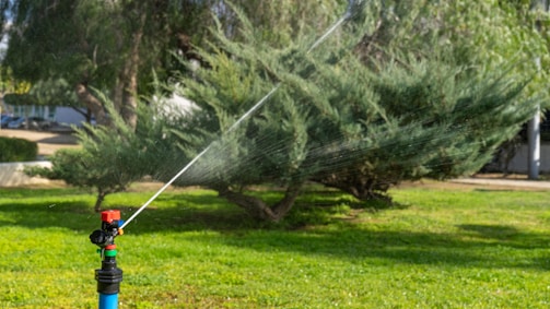 A garden sprinkler is actively watering a green grassy area with trees and bushes in the background. The sprinkler is elevated on a blue and black stand, and water is visibly spraying out in a fine stream.