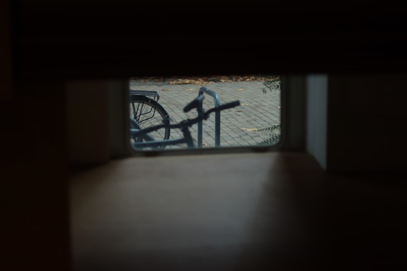 A bicycle is partially visible through a small window, with its handlebars and part of the front wheel in focus. The background includes a paved sidewalk with fallen leaves and a bike rack. The area inside the building appears dimly lit.