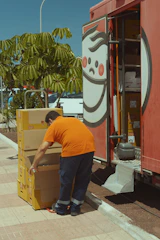 Logistics team loading pallets into a truck with blue and orange branding.