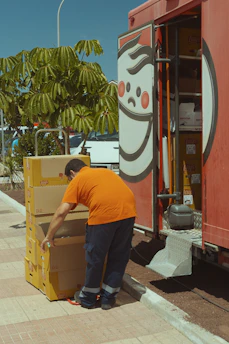 A delivery truck loaded with numerous green and orange nasi box packages ready for event catering