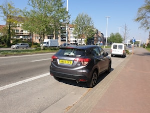 A black SUV is parked on the side of a road, with a clear view of its rear and a UK license plate. The road runs alongside a row of trees and a grassy area. Several buildings and additional vehicles are visible across the street. The day appears clear and sunny.