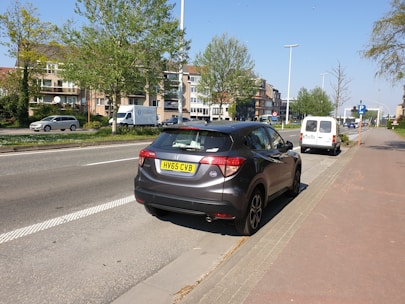 A black SUV is parked on the side of a road, with a clear view of its rear and a UK license plate. The road runs alongside a row of trees and a grassy area. Several buildings and additional vehicles are visible across the street. The day appears clear and sunny.