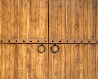 a large wooden gate with metal rings on it
