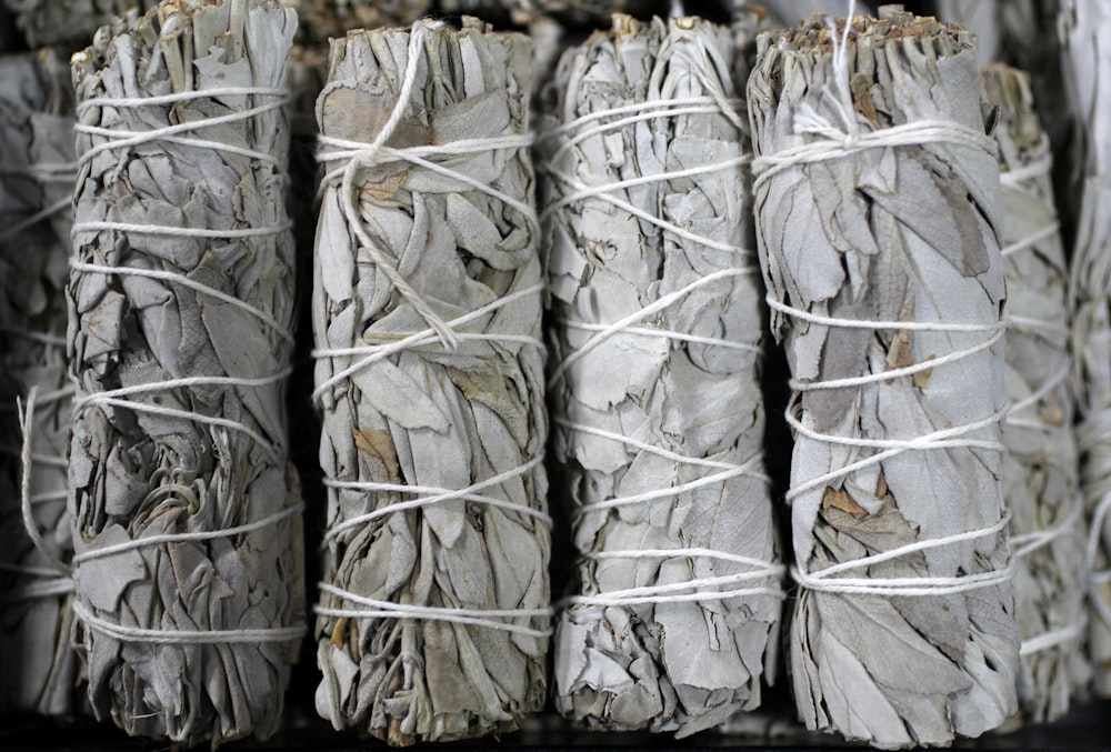 several bundles of white sage tied together