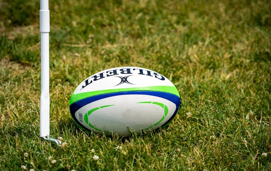 a rugby ball sitting on top of a lush green field