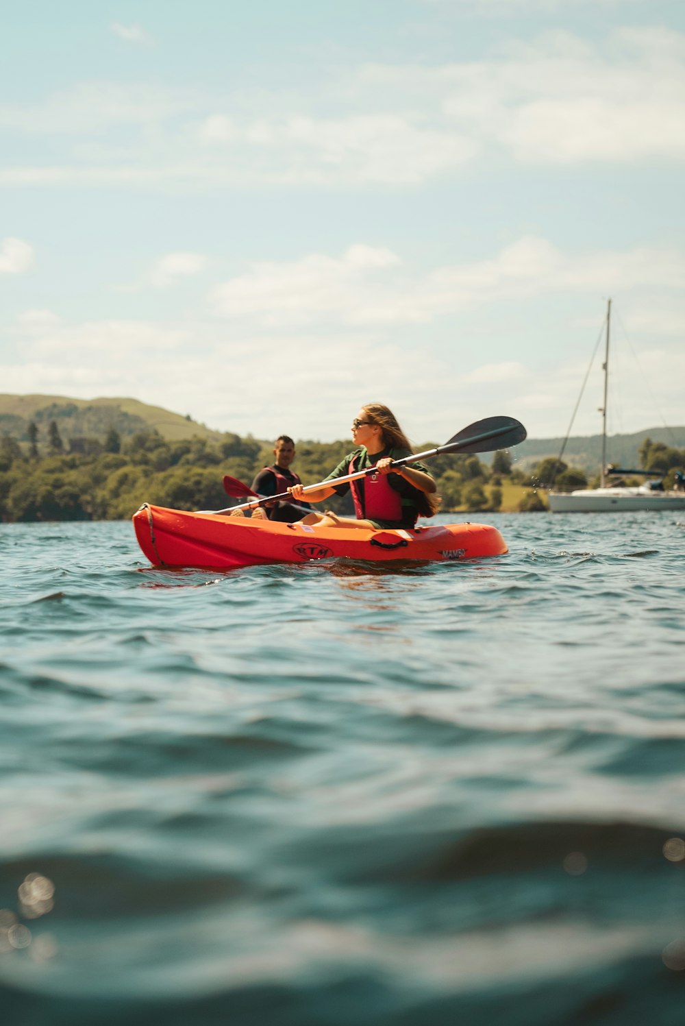 two people in a kayak paddling on the water