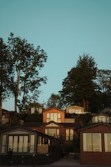 A series of modern, wooden cabins are nestled on a wooded hillside under a clear blue sky. Tall trees frame the scene, adding a natural backdrop to the structures, which feature large windows and glass panels. The warm sunlight casts gentle shadows, enhancing the serene atmosphere.