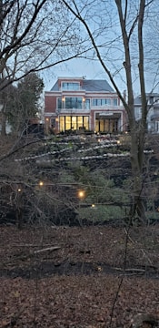 A stylish urban house with a landscaped front yard and warm interior lighting visible through the windows.