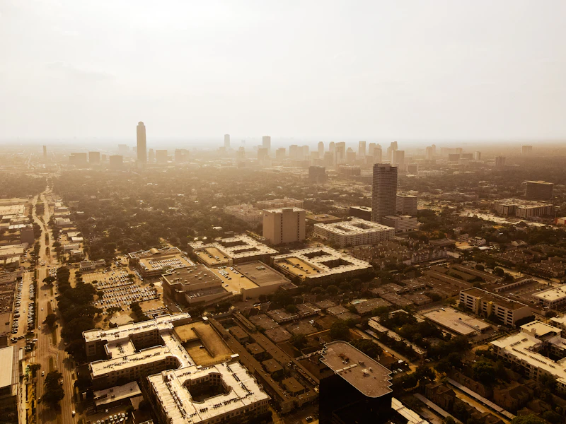 Houston stadium - an aerial view of a city with tall buildings