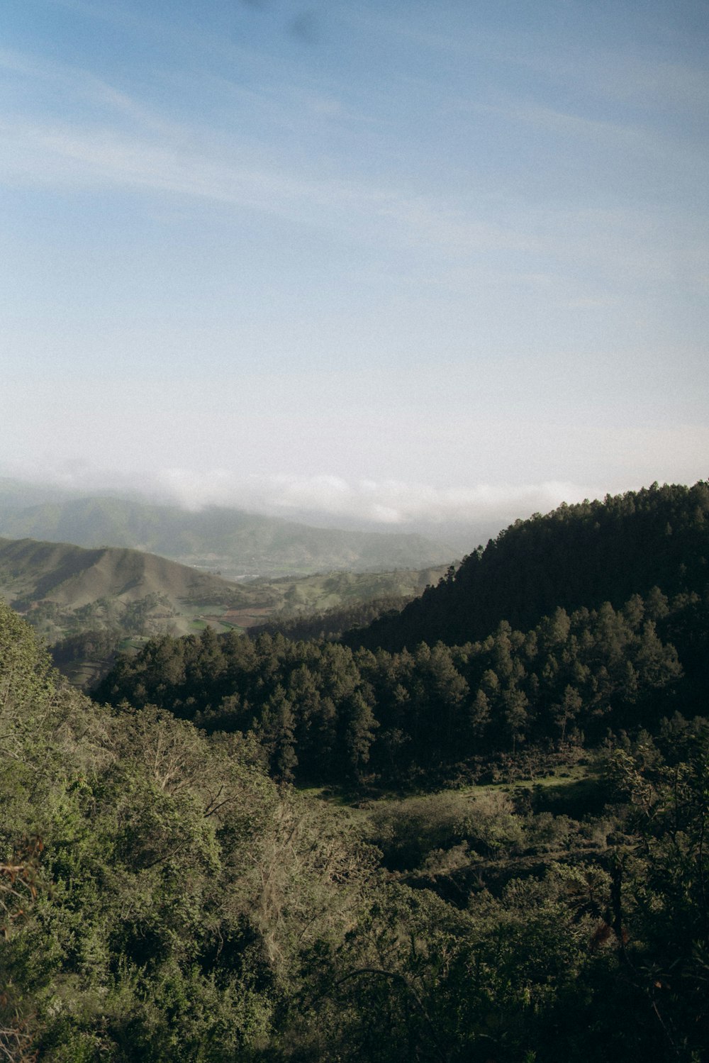 a view of a mountain range with trees and clouds