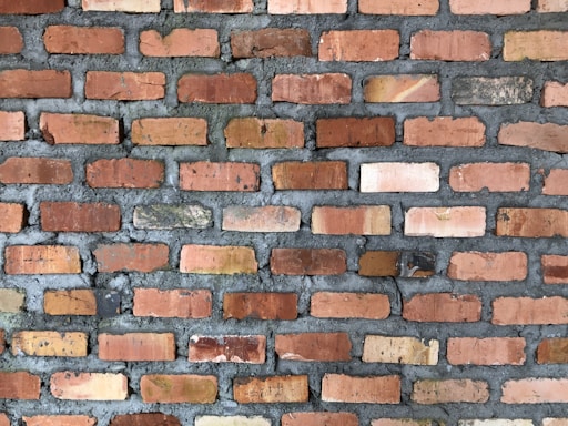 A wall constructed from reddish-orange bricks of varying shades, arranged in a horizontal pattern. The gaps between the bricks are filled with gray mortar, giving a rustic and rugged appearance.