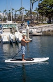A person is paddleboarding on calm water in a marina. In the background, there are several yachts docked alongside tall palm trees and a clear blue sky.