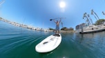 Person standing on a paddleboard in a marina, holding a paddle above their head. They are in a harbor with numerous boats docked in the background. The weather appears to be sunny and clear, with a bright blue sky and calm blue waters. Palm trees can be seen along the shoreline, and several buildings are visible in the distance.