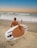 A person carrying a paddleboard walks towards the ocean, with a child standing nearby on the sandy beach. The sky displays a gradient from orange to blue, and waves are gently crashing onto the shore.