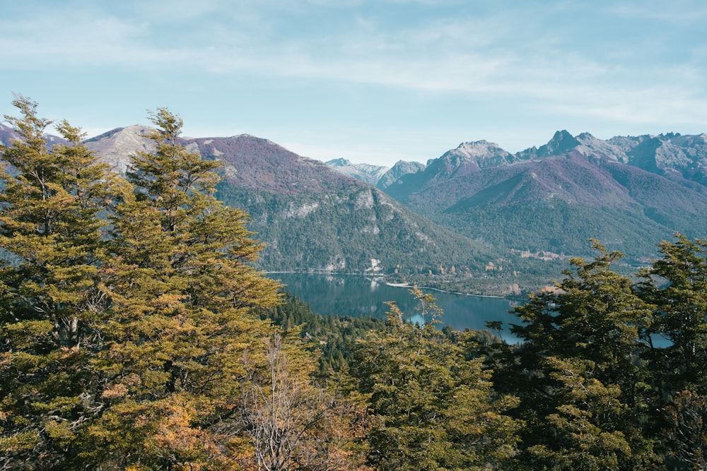 a scenic view of a lake surrounded by mountains