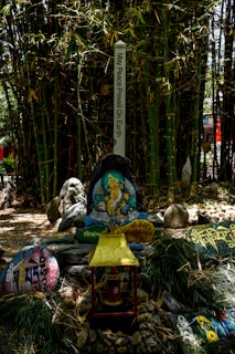 A spiritual garden setting featuring a peace pole with the inscription 'May Peace Prevail On Earth'. Surrounding the pole are rocks and slabs with colorful inscriptions and illustrations, including a central depiction of a deity or spiritual figure. The background is dense with bamboo plants, creating a serene and lush environment.
