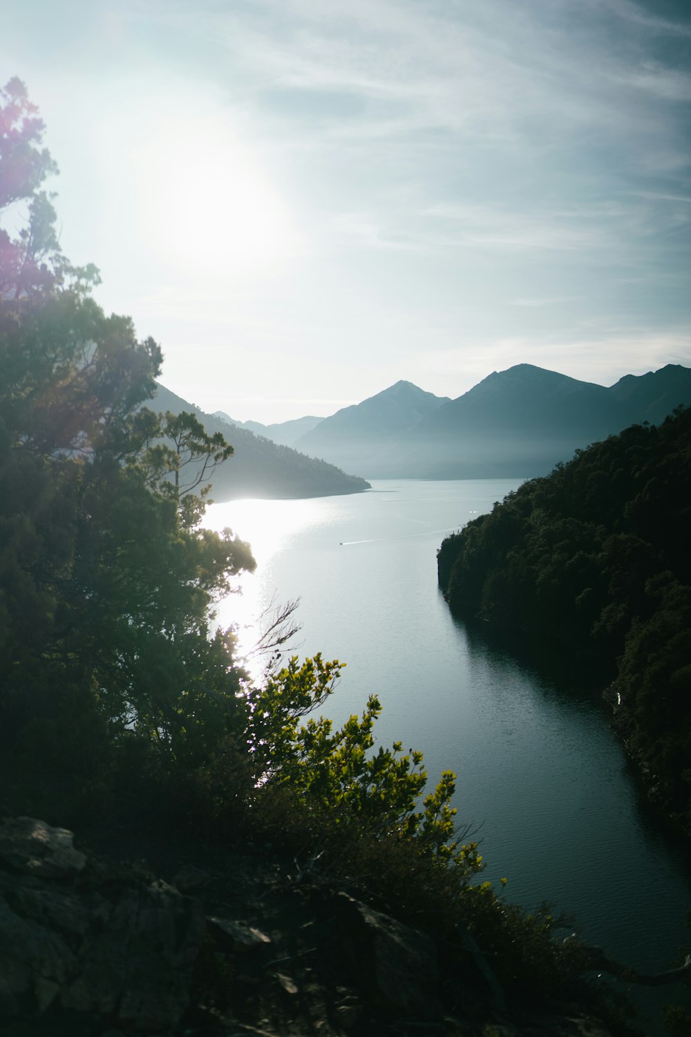 a body of water surrounded by trees and mountains