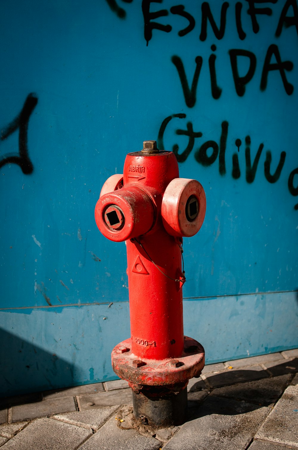a red fire hydrant sitting next to a blue wall