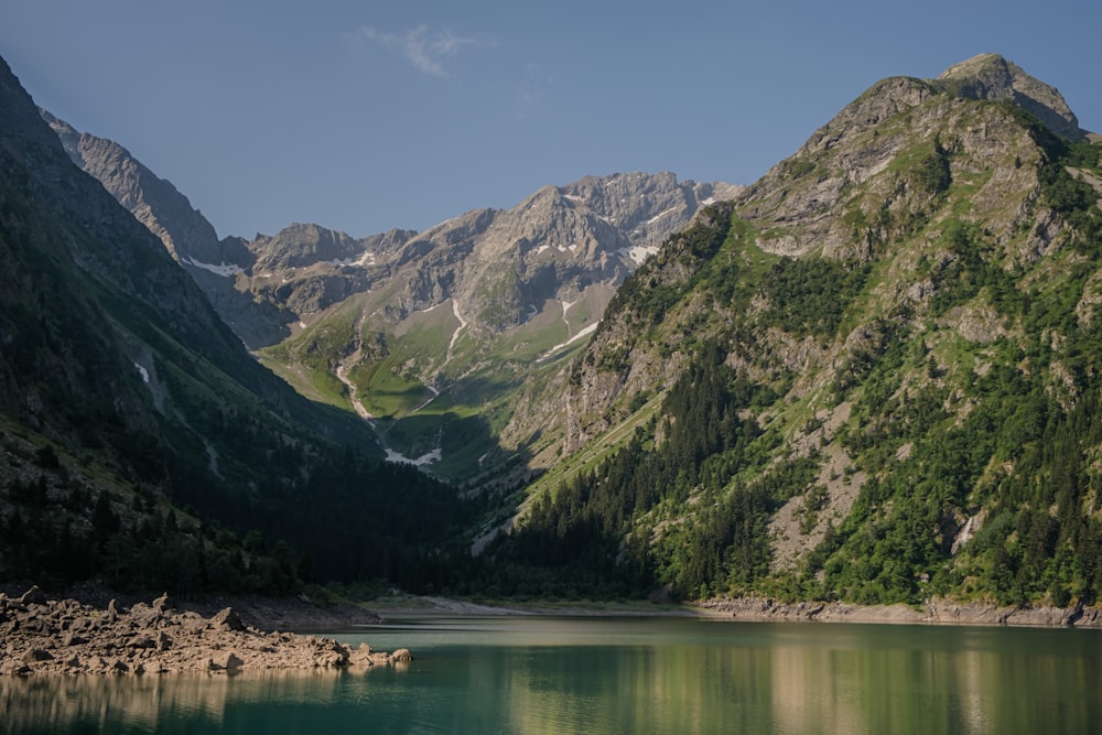 a mountain range with a lake in the foreground