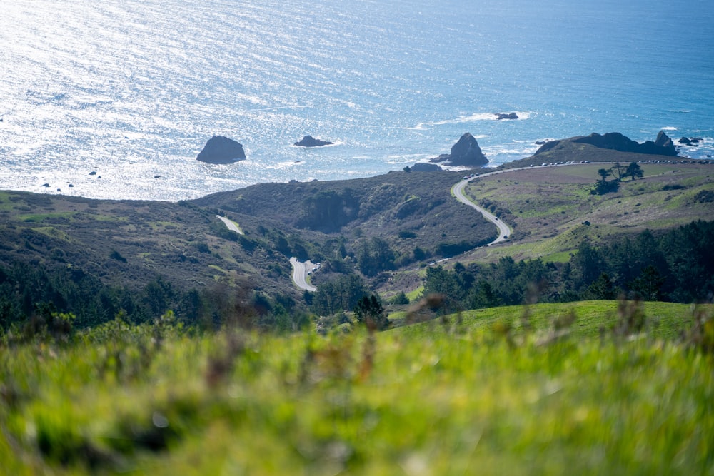 a scenic view of the ocean from a hill