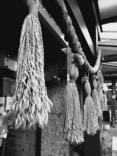 Thick, twisted ropes with tassels hang prominently in front of a building with a stone facade and overhead beams. The scene is in grayscale, showcasing the texture of the ropes and the structural elements of the background.