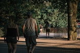 A peaceful park setting with people jogging and enjoying nature.