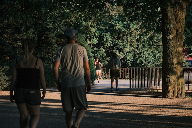 A peaceful park scene with people jogging and relaxing, capturing everyday life moments.