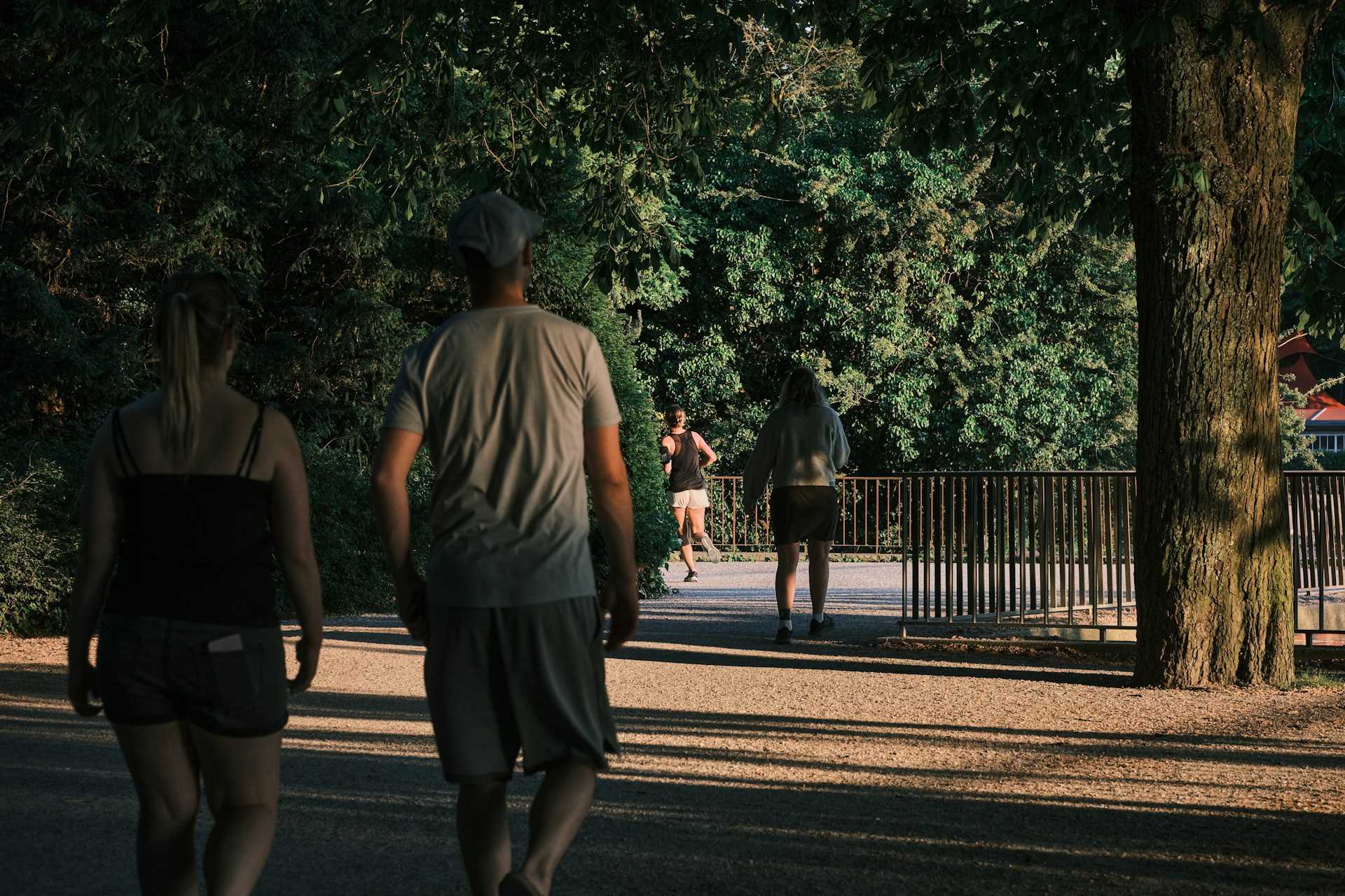 A peaceful park scene where someone is jogging while listening to an audiobook, with sunlight filtering through the trees.