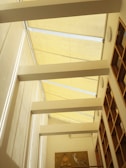 A modern architectural interior featuring a slanted glass roof with beams casting shadows. The room includes a high wall with built-in wooden shelves, and a painting of a person with an animal is mounted on the wall.
