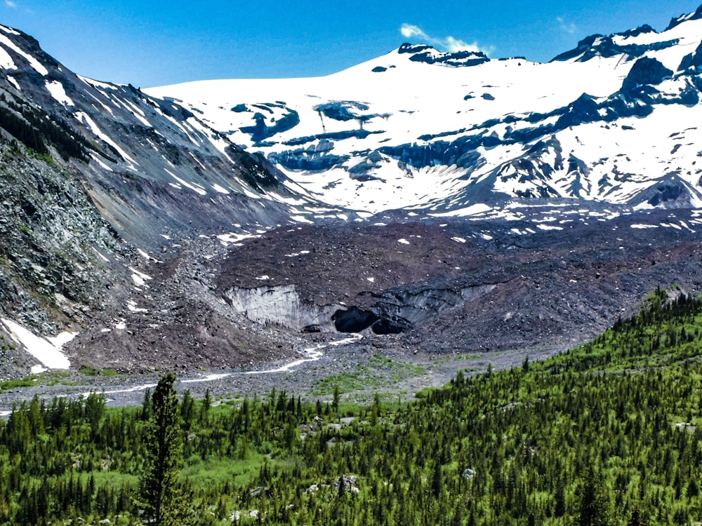 a snow covered mountain with a river running through it