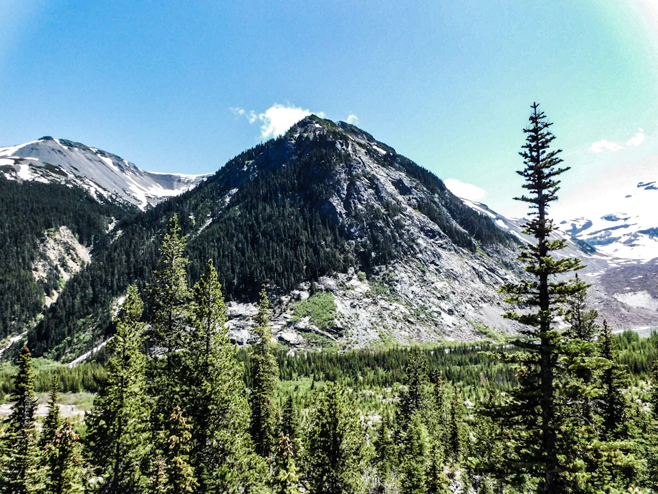 The image depicts a breathtaking mountain landscape with a large, jagged peak dominating the scene. The mountain is covered in lush green trees and shrubs, creating a dense forest at its base. The perspective of the photo is from a high vantage point, providing an expansive view of the surrounding area. The sky above is a clear blue, adding to the overall beauty of the landscape.
