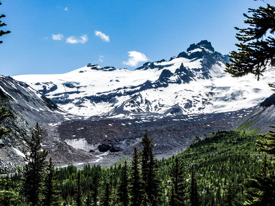 The image depicts a breathtaking view of a snow-capped mountain range under a clear blue sky. The mountains, covered in pristine white snow, rise majestically against the horizon. Their peaks are adorned with patches of green vegetation, adding a touch of color to the otherwise monochrome landscape. The perspective is from below, looking up at the towering mountains and offering a panoramic view of their grandeur. In the foreground, there are trees scattered across the scene, providing depth and scale to the image.